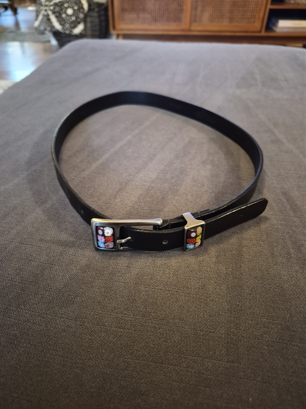 Black Leather Women's Belt with Colorful Stone Accent Buckle Size S